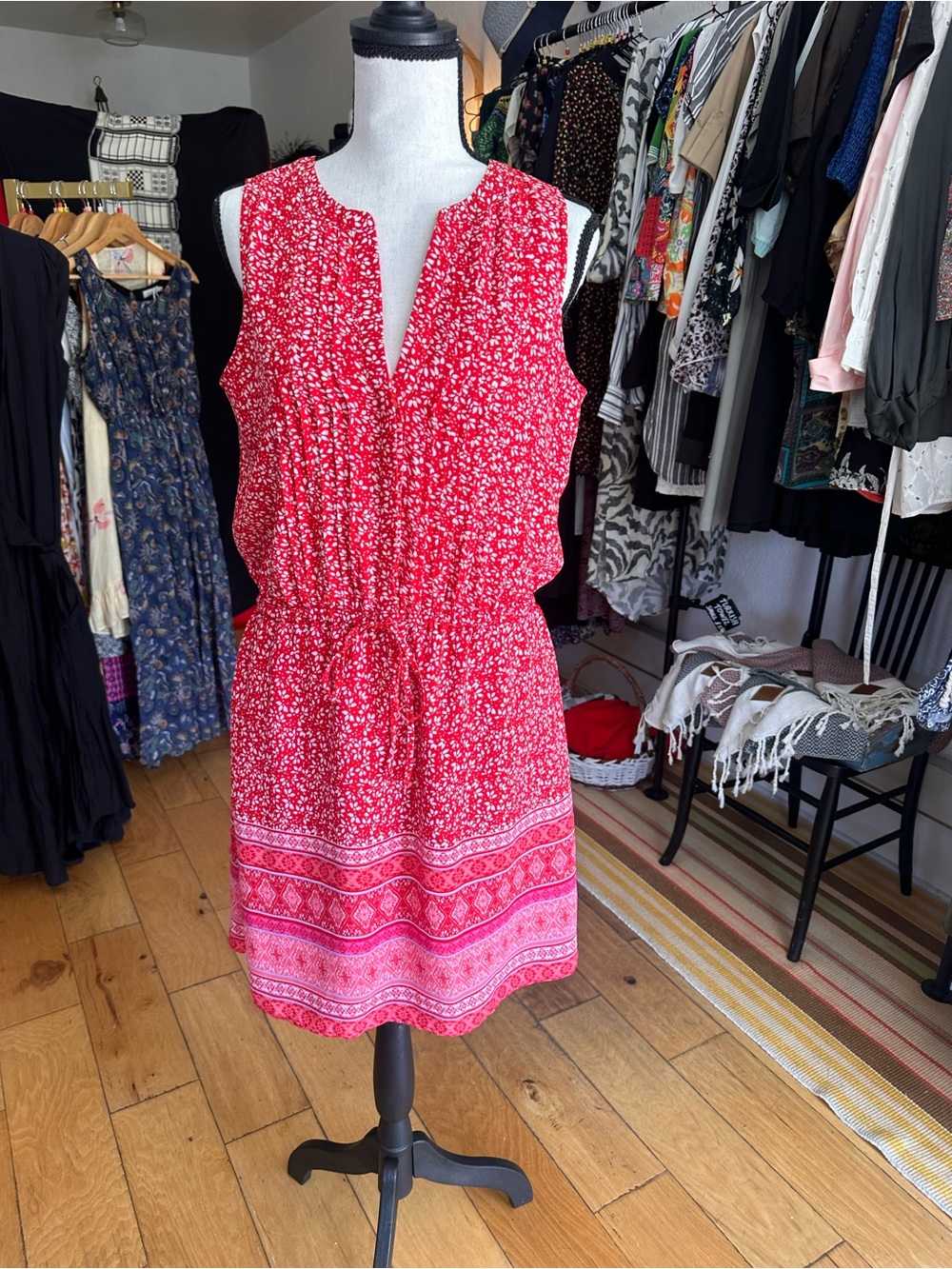 Red Ditsy Floral Drawstring Romper Dress